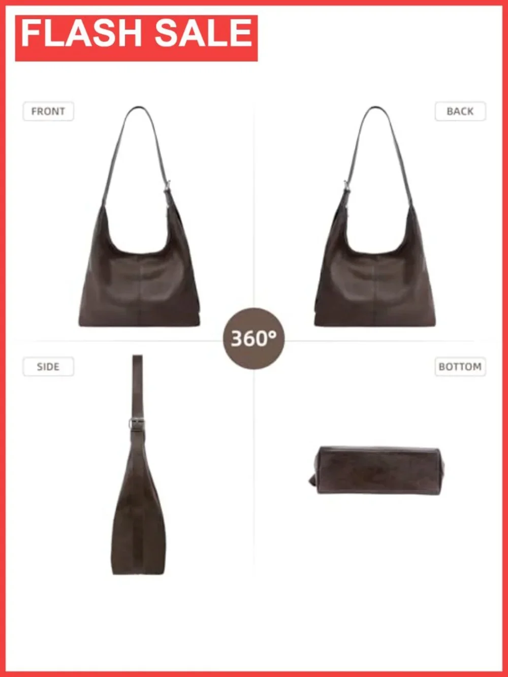 Large Hobo Bag Vegan Leather Slouchy Shoulder Tote with Zipper